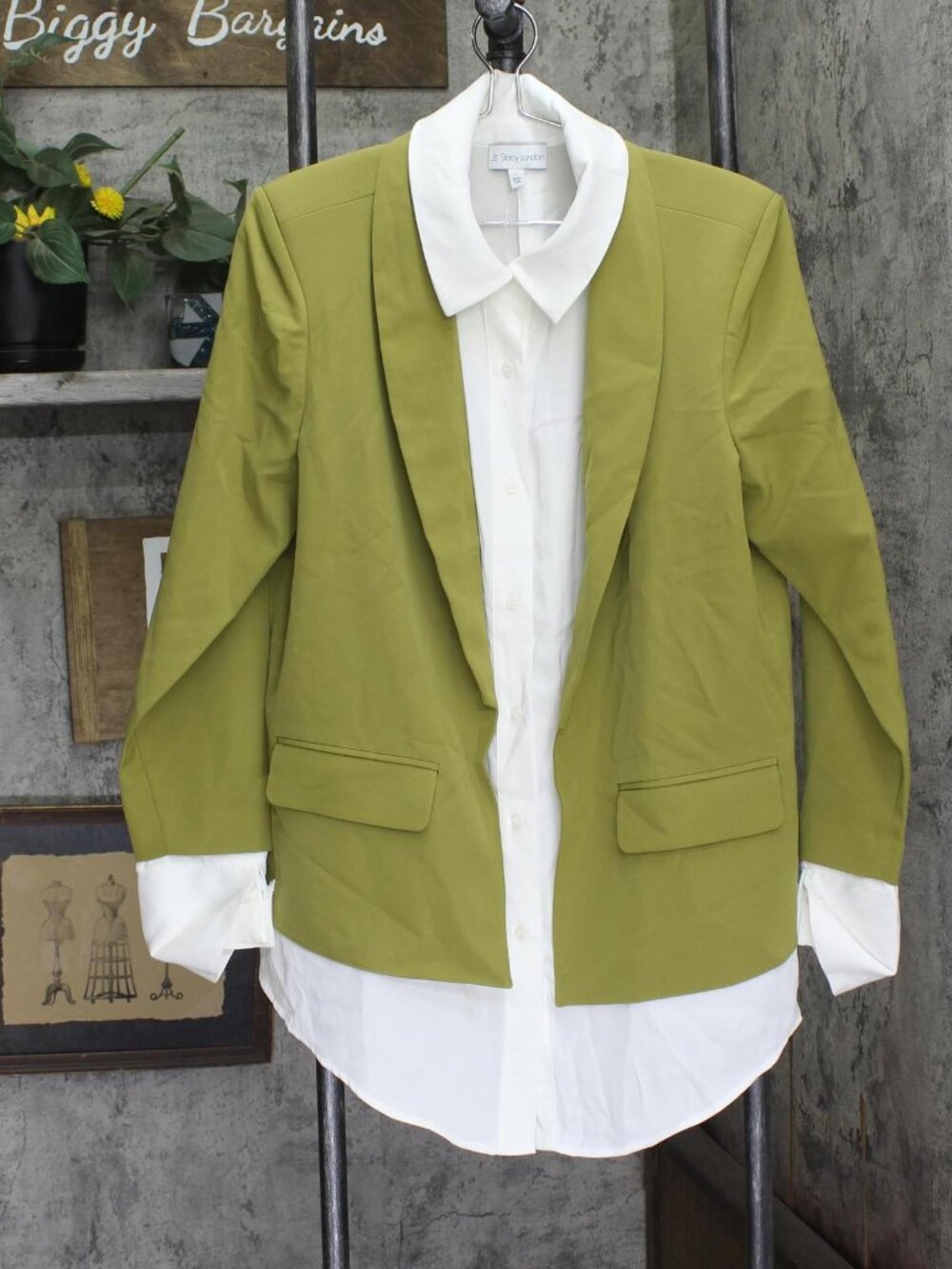 By Stacy London Womens Crepe Blazer Attached Long Sleeve Collared Shirt Moss L
